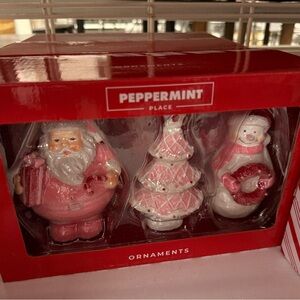 Peppermint Pink Santa, Tree, and Snowman Ornaments